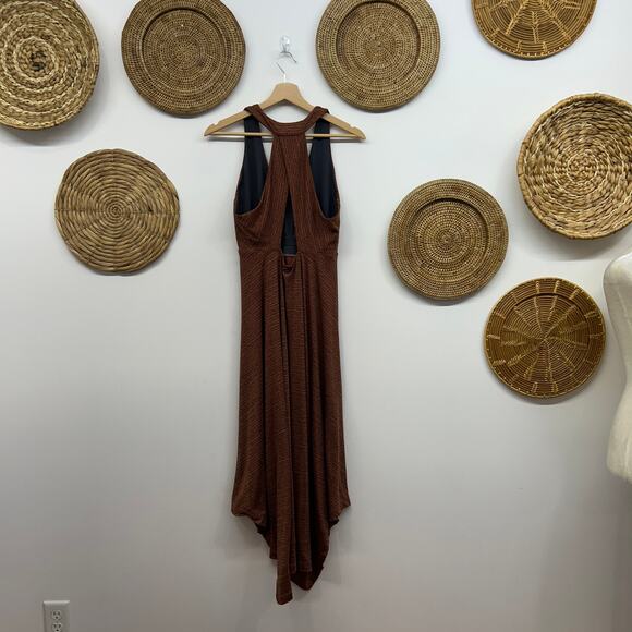 Prana Neutral Brown Racerback Cut Out Asymmetrical Midi Saxon Dress Large Sporty - Picture 3 of 8